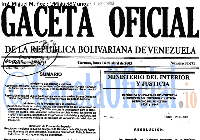 Gaceta Oficial 37671 del 14 Abril 2003