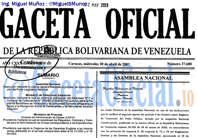Gaceta Oficial 37680 del 30 Abril 2003