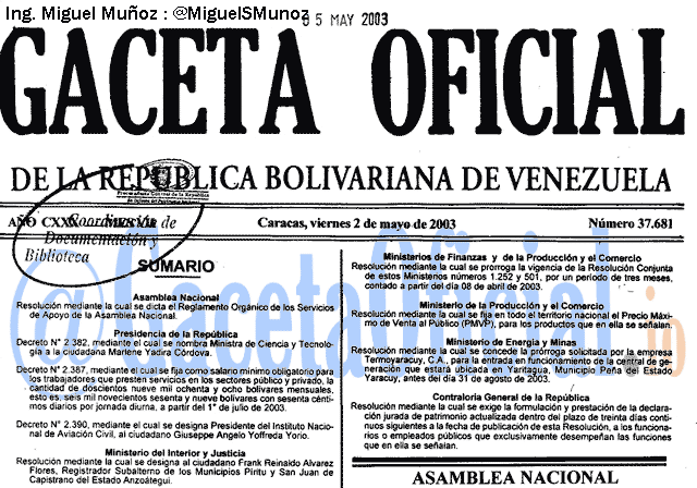 Gaceta Oficial 37681 del 2 Mayo 2003