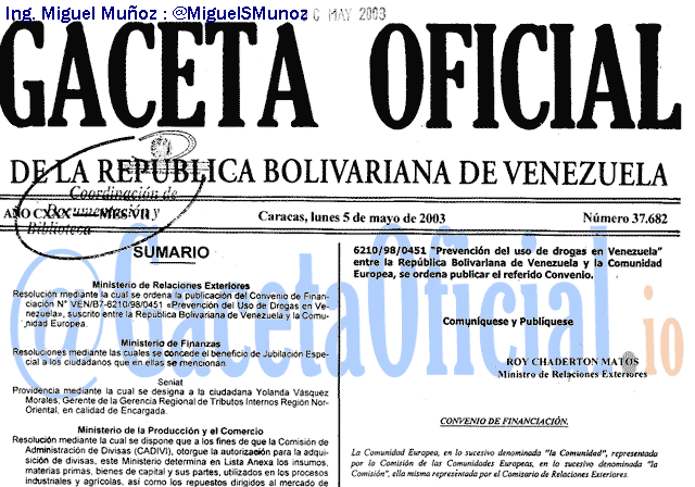 Gaceta Oficial 37682 del 5 Mayo 2003