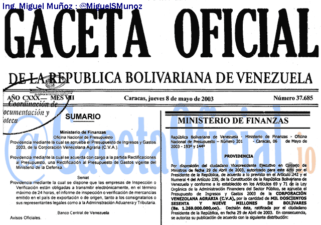 Gaceta Oficial 37685 del 8 Mayo 2003