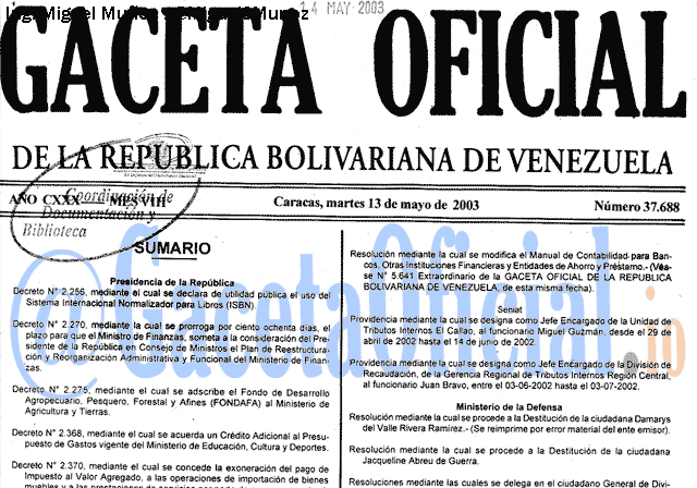 Gaceta Oficial 37688 del 13 Mayo 2003