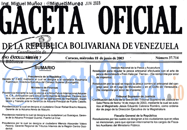 Gaceta Oficial 37714 del 18 Junio 2003