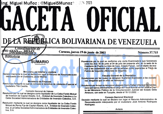 Gaceta Oficial 37715 del 19 Junio 2003