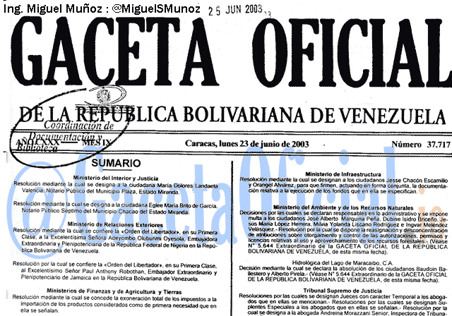 Gaceta Oficial 37717 del 23 Junio 2003