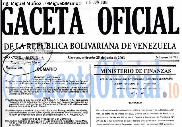 Gaceta Oficial 37718 del 25 Junio 2003