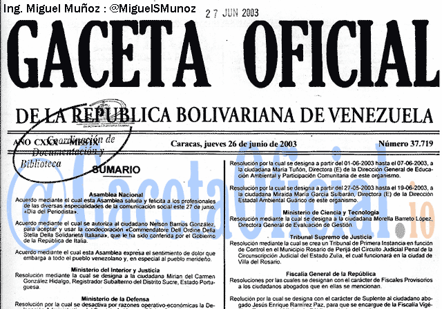 Gaceta Oficial 37719 del 26 Junio 2003