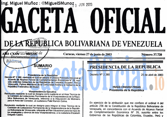 Gaceta Oficial 37720 del 27 Junio 2003