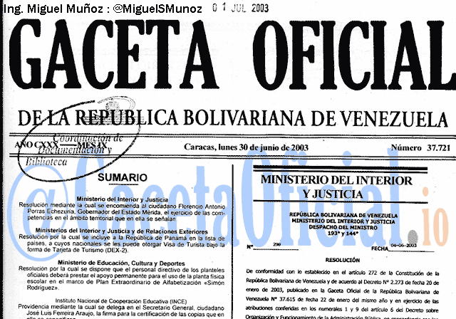 Gaceta Oficial 37721 del 30 Junio 2003