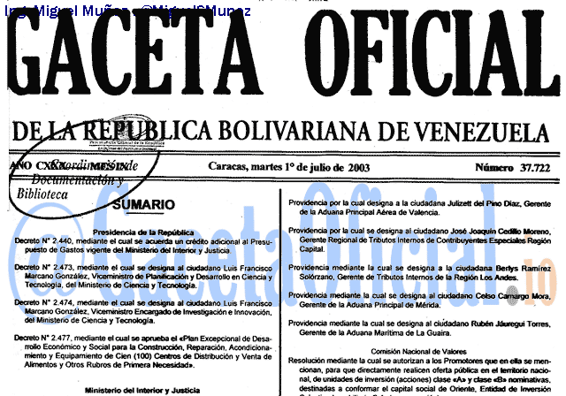 Gaceta Oficial 37722 del 1 Julio 2003