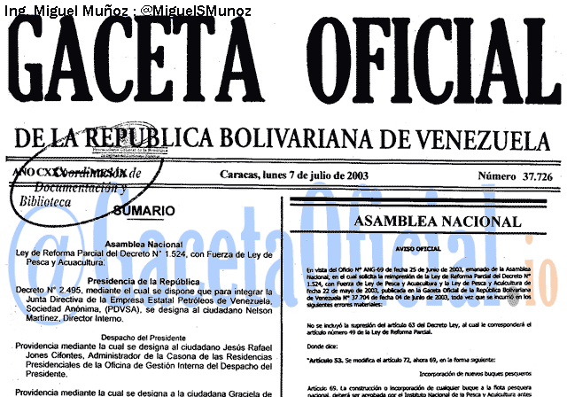 Gaceta Oficial 37726 del 7 Julio 2003