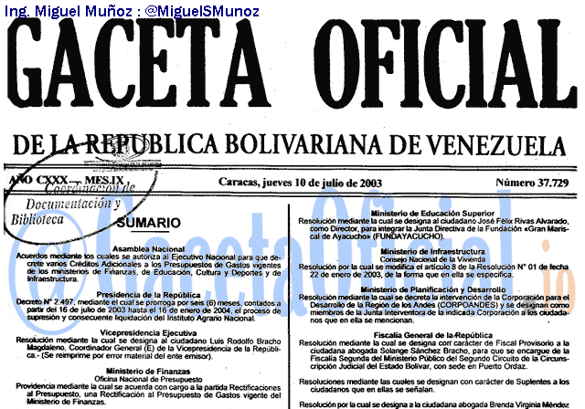 Gaceta Oficial 37729 del 10 Julio 2003
