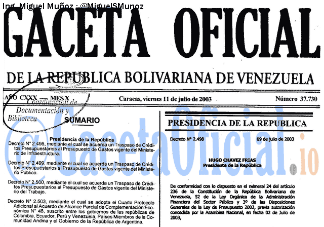Gaceta Oficial 37730 del 11 Julio 2003