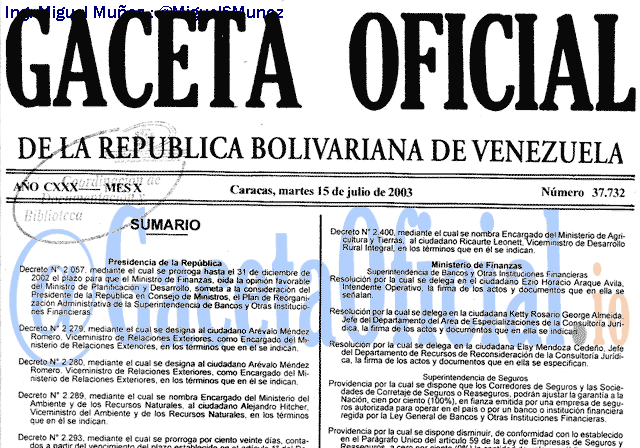 Gaceta Oficial 37732 del 15 Julio 2003