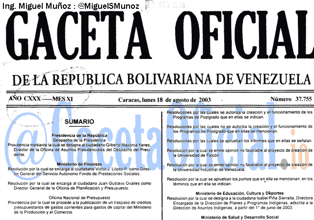 Gaceta Oficial 37755 del 18 Agosto 2003