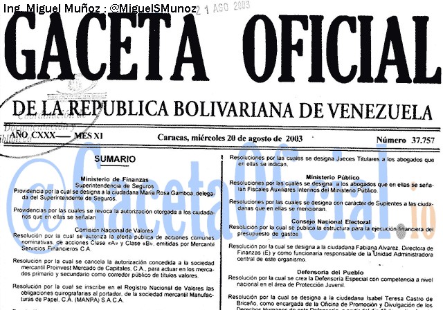 Gaceta Oficial 37757 del 20 Agosto 2003