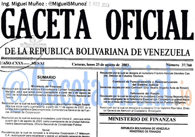 Gaceta Oficial 37760 del 25 Agosto 2003
