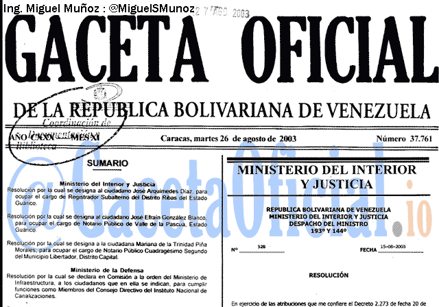 Gaceta Oficial 37761 del 26 Agosto 2003