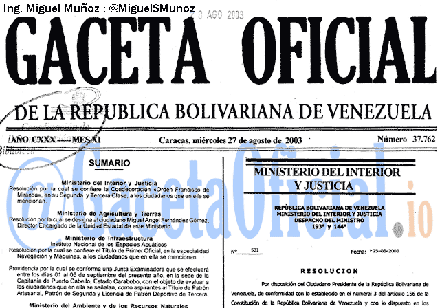 Gaceta Oficial 37762 del 27 Agosto 2003