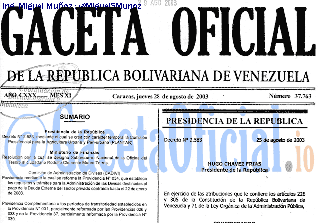 Gaceta Oficial 37763 del 28 Agosto 2003
