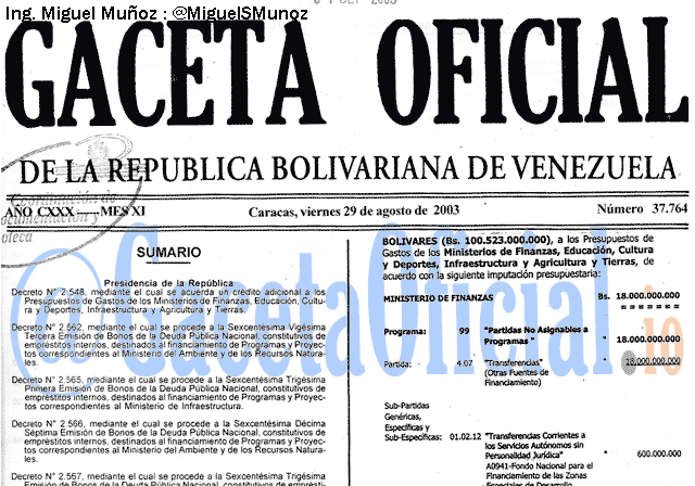 Gaceta Oficial 37764 del 29 Agosto 2003