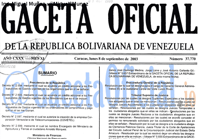 Gaceta Oficial 37770 del 8 Septiembre 2003