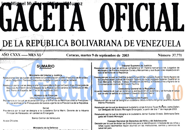 Gaceta Oficial 37771 del 9 Septiembre 2003