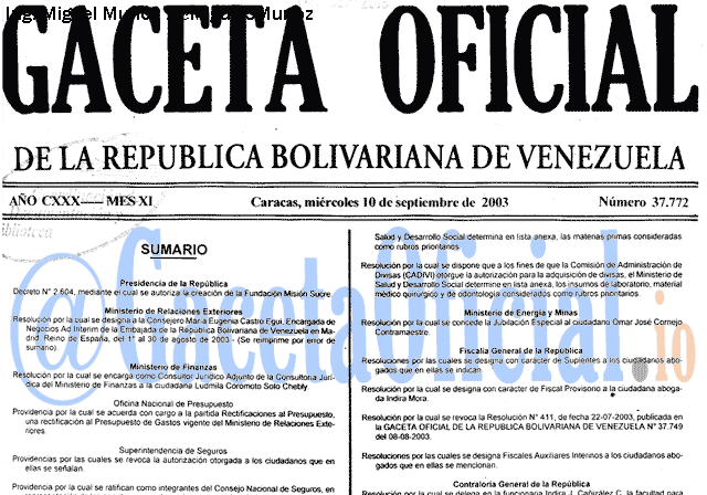Gaceta Oficial 37772 del 10 Septiembre 2003