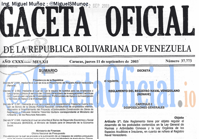 Gaceta Oficial 37773 del 11 Septiembre 2003