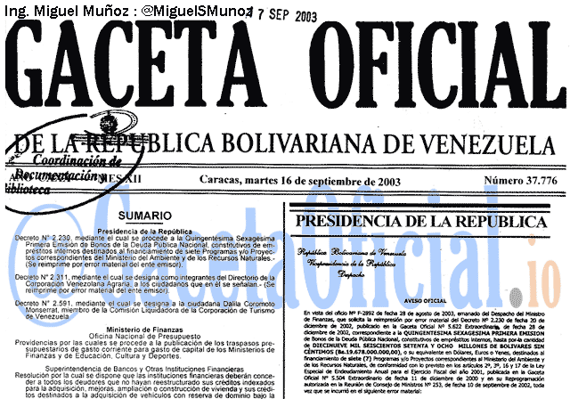 Gaceta Oficial 37776 del 16 Septiembre 2003