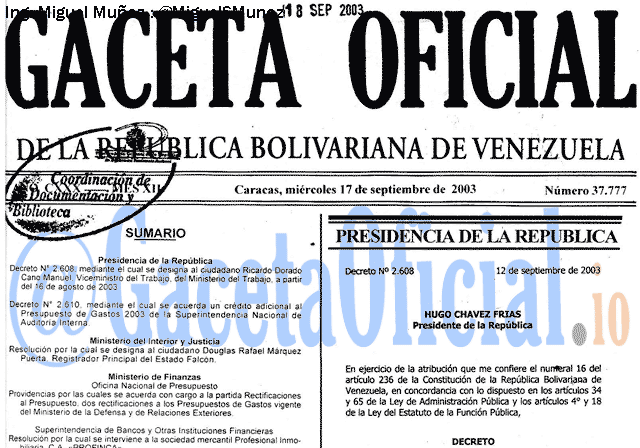 Gaceta Oficial 37777 del 17 Septiembre 2003