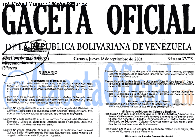 Gaceta Oficial 37778 del 18 Septiembre 2003