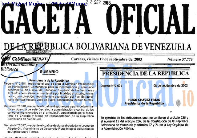 Gaceta Oficial 37779 del 19 Septiembre 2003