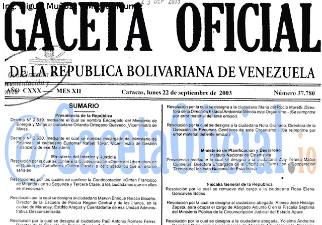 Gaceta Oficial 37780 del 22 Septiembre 2003