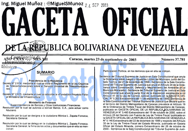 Gaceta Oficial 37781 del 23 Septiembre 2003