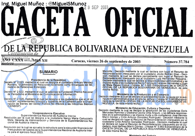 Gaceta Oficial 37784 del 26 Septiembre 2003