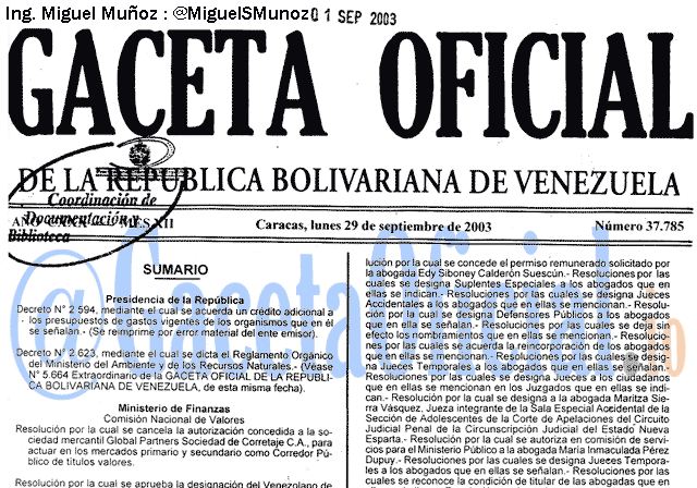 Gaceta Oficial 37785 del 29 Septiembre 2003
