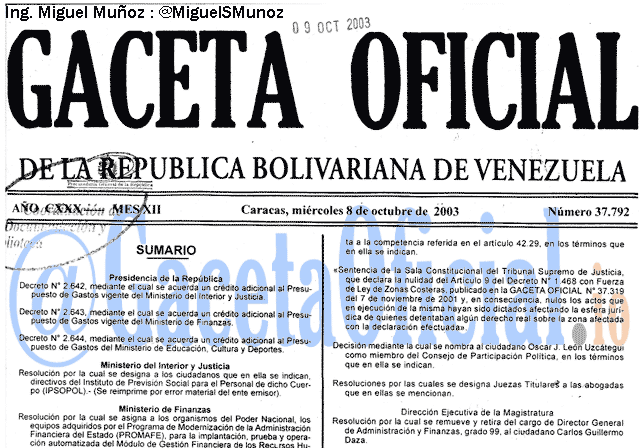 Gaceta Oficial 37792 del 8 Octubre 2003