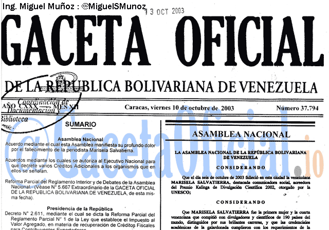 Gaceta Oficial 37794 del 10 Octubre 2003