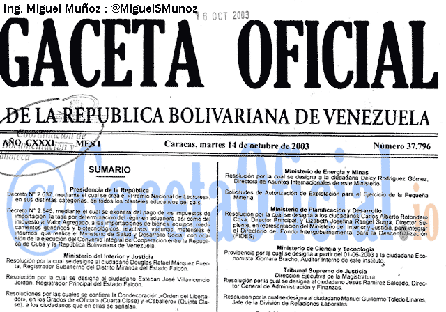 Gaceta Oficial 37796 del 14 Octubre 2003