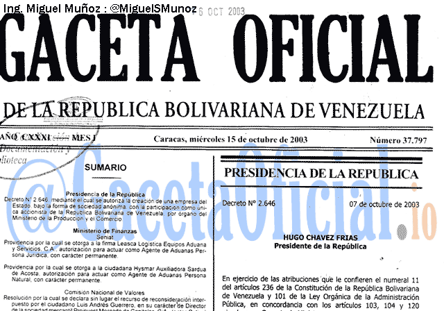 Gaceta Oficial 37797 del 15 Octubre 2003