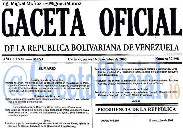 Gaceta Oficial 37798 del 16 Octubre 2003