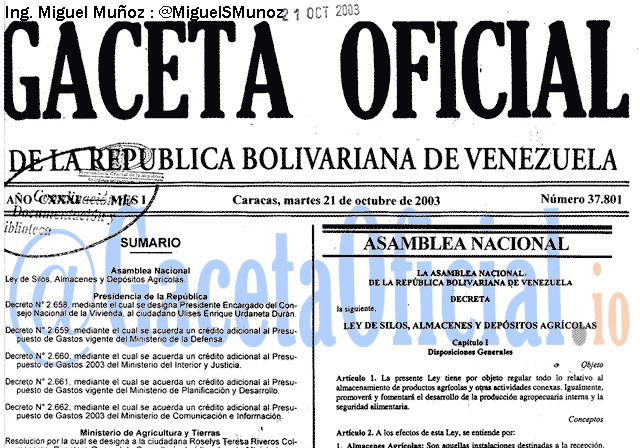 Gaceta Oficial 37801 del 21 Octubre 2003