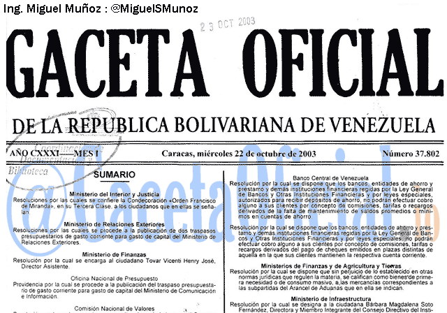 Gaceta Oficial 37802 del 22 Octubre 2003
