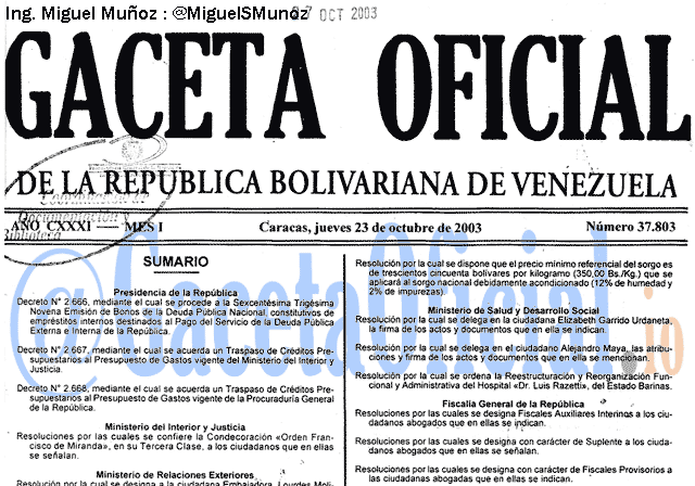 Gaceta Oficial 37803 del 23 Octubre 2003