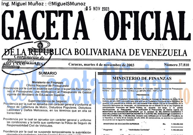 Gaceta Oficial 37810 del 4 Noviembre 2003