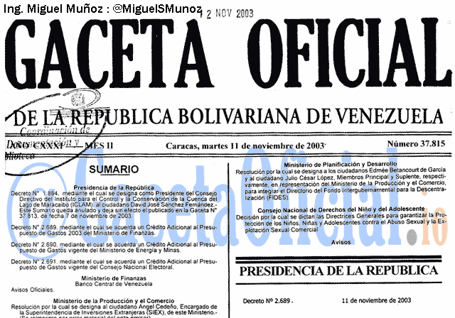 Gaceta Oficial 37815 del 11 Noviembre 2003