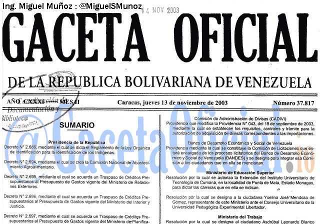 Gaceta Oficial 37817 del 13 Noviembre 2003