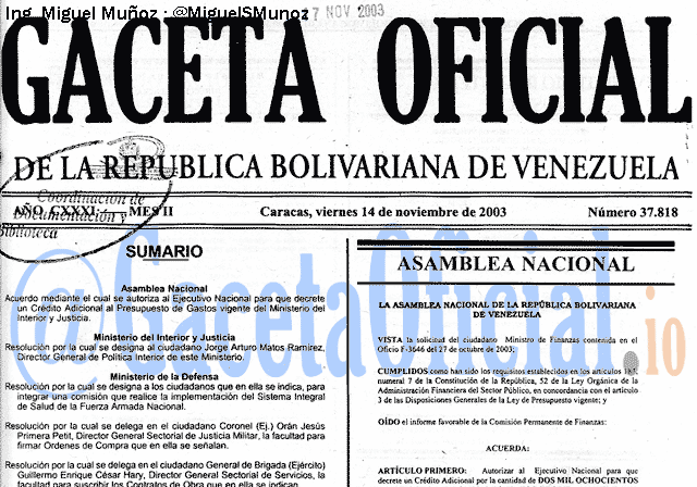 Gaceta Oficial 37818 del 14 Noviembre 2003
