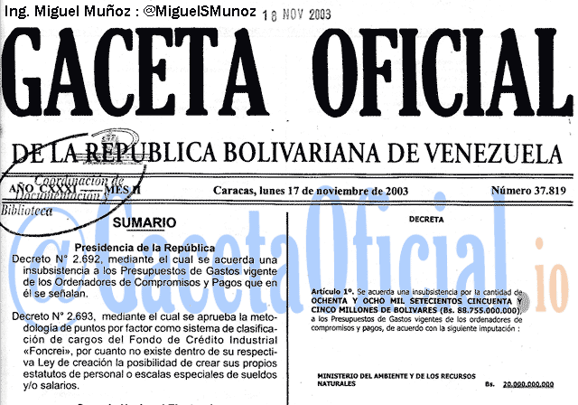 Gaceta Oficial 37819 del 17 Noviembre 2003